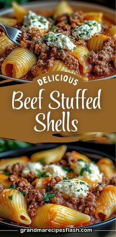 delicious beef stuffed shells are served in a skillet