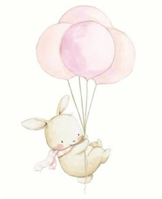 a drawing of a bunny holding two balloons in the air with pink bows on it's head