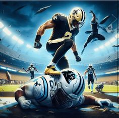 a painting of a football player laying on the ground with other players in the background