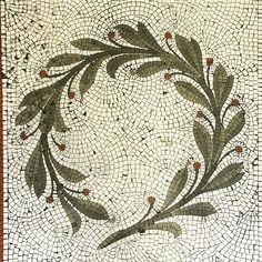 a mosaic tile with leaves and berries on the bottom, surrounded by small red dots