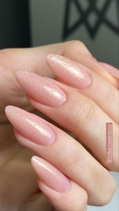 Almond Nude Pink Nails, Clear Light Pink Nails, Almond Nude Nails With Glitter, Shimmery Pink Nails, Soft Gel Nails Design, Nude Pink Nails, Sparkle Gel Nails, Light Pink Nail Designs