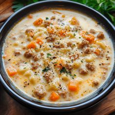 a bowl of soup with meat, cheese and carrots in it on a wooden table