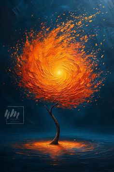 a painting of a tree with an orange swirl on it