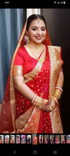 a woman in a red and gold sari with her hands on her hips, smiling at the camera