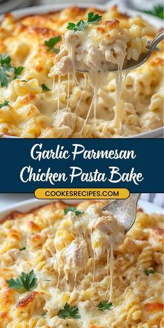 garlic parmesan chicken pasta bake in a white casserole dish with a serving spoon