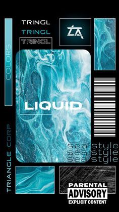 the front and back side of a card with liquid in blue, black and white