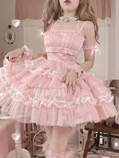 Light Pink Balletcore Princess Dress Pleating Details Bodice Puffy Skirt Jumper Skirt Pink Balletcore, Handkerchief Hem Skirt, Kawaii Outfit Ideas, Gothic Lace, Skirt Jumper, Puffy Skirt, Puffy Dresses, Jumper Skirt, Lace Trim Top