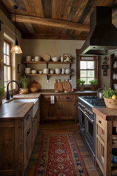 a kitchen with wooden cabinets and an area rug