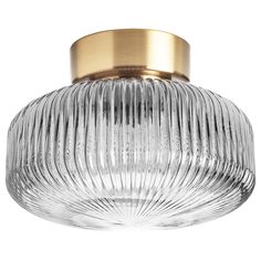 a glass ceiling light with gold trimmings and a metal ring on the top