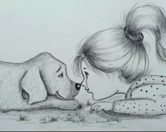 a pencil drawing of a girl and her dog looking at each other's noses