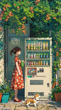 a woman standing in front of a vending machine with a dog sitting next to it