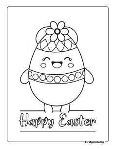 happy easter coloring page with an egg wearing a knitted hat and the words happy easter