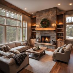 a living room filled with furniture and a fire place in the middle of a room