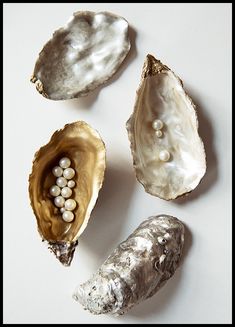 three seashells with pearls in them on a white surface