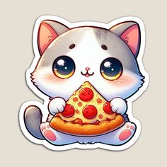 a sticker with a cat holding a slice of pizza in it's paws