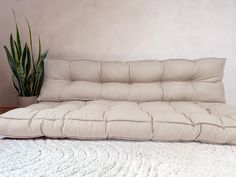 a white couch sitting on top of a rug next to a potted plant