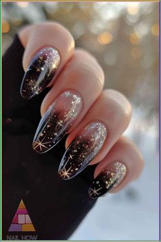 Interesting New Years Nail Designs Ideas 2024 | New Years Eve Party Nails Stars Gel Nails, Cute Dark Nails Designs, Night Sky Nail Designs, Dark Fairy Nails Designs, Night Nails Design, Velaris Nails, Dark Wedding Nails, Night Court Nails