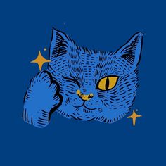 a drawing of a blue cat with yellow eyes and stars around it's neck