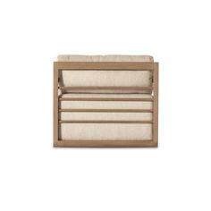 an upholstered wooden bed frame with beige linen and wood slats on the sides