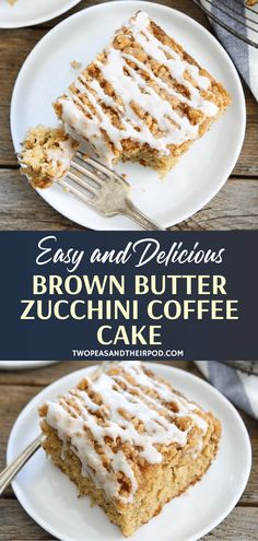 a piece of brown butter zucchini coffee cake on a white plate with a fork