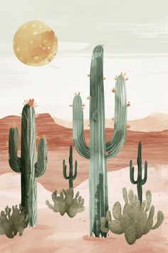 a desert scene with cacti and cactus plants in the foreground, against a pink sky