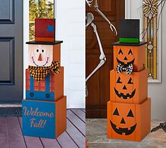 two cardboard pumpkins decorated to look like jack - o'- lanternes, one with a scarecrow and the other with a welcome fall sign