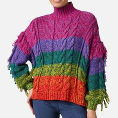 Oversized Rainbow Cable Knit Turtleneck Sweater With Fringe. Fringe Details At Sleeves. Ribbed Cuffs. Small But Can Fit Medium, Large, X-Large - Perfect Teacher Sweater For The Classroom Artsy, Colorful, Eccentric, Pride, Whimsical Bold, Cozy, Flare, All That Jazz, Festive, Happy Brand = Farm Rio Size = S Small Condition = Nwt Color = Rainbow Purple, Pink, Teal, Lime, Orange, Red Material = Yarn Woven Soft Pattern = Striped Ombre Attribute = Fringe Style = Scoop Neck Yellow Lab Friendly / Smoke Crochet Wavy Sweater, Cable Knit Turtleneck, Yarn Sweater, Fringe Fashion, Cable Knit Turtleneck Sweater, Rainbow Sweater, Fringe Sweater, New Farm, Knit Turtleneck