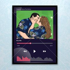 an image of a man and woman kissing in front of sound waves on the screen