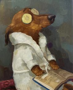 a painting of a dog in pajamas reading a book with buttons on it's ears