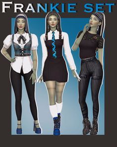 three female mannequins are dressed up in black and white outfits with blue ties