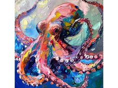 an octopus painting is shown on a canvas with blue, pink and yellow colors in the background