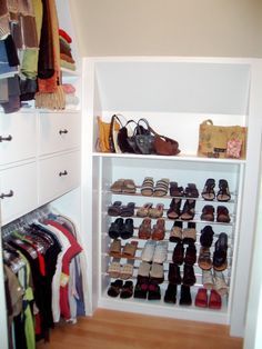 a closet filled with lots of shoes and handbags on top of white shelving