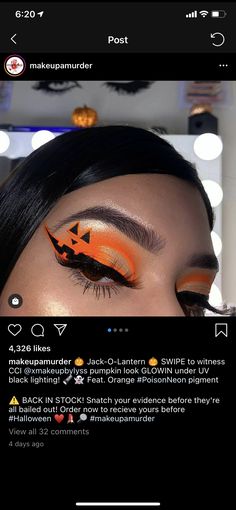 Pretty Pumpkin Face Makeup, Pumpkin Halloween Makeup Kids, Halloween Theme Eyeshadow, Jack O Lantern Eye Makeup, Halloween Themed Eye Makeup, Black And Orange Halloween Makeup, Makeup Looks Autumn, Halloween Eye Shadow Look, Halloween Makeup Eye Looks