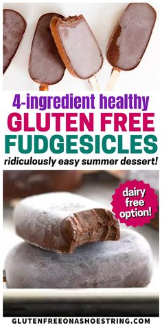 4 chocolate popsicles with a bite out of one Healthy Fudgesicles, Fudgesicle Recipe, Easy Summer Dessert, Vegetarian Sweets, Easy Gluten Free Desserts, Diary Free, Easy Summer Desserts, Gf Desserts, Gluten Free Sweets