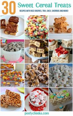 the cover of 30 sweet cereal treats, including rice krispies, crackers, cheetos and more