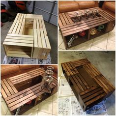 several pictures of different types of wooden pallets and some sort of coffee table made out of wood