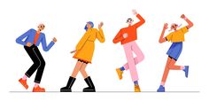 four people in colorful outfits are dancing together, one is wearing an orange jacket and the other has a blue shirt