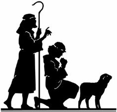 the silhouette of two people and a dog are shown in this black and white image