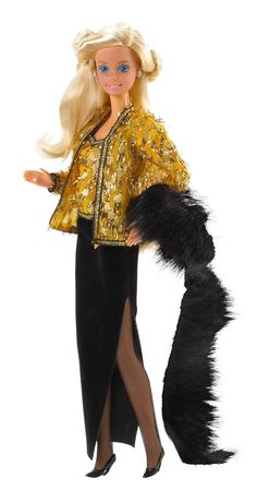 a barbie doll with a black and gold outfit holding a raccoon fur tail