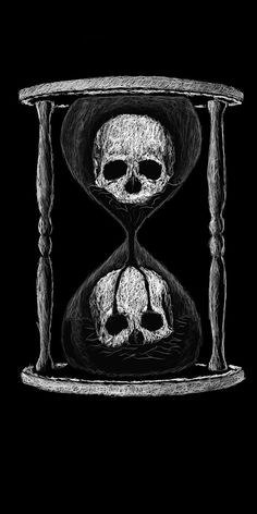 a drawing of two skulls in an hourglass