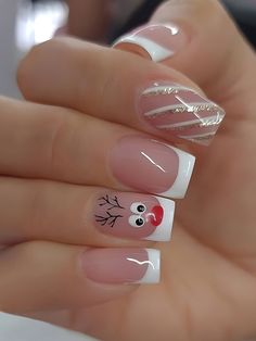 Christmas Deer French Style Short Square Faux Nail Set For Finger, 24pcs With White Edge Nagel Tips, Makijaż Smokey Eye, Christmas Nails Acrylic, Short Acrylic Nails Designs, Stick On Nails, Xmas Nails, Short Acrylic Nails, Artificial Nails