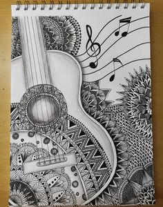 a drawing of an acoustic guitar with music notes on the strings and sunflowers