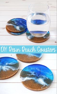 three coasters with the words diy resin beach coasters in front of them