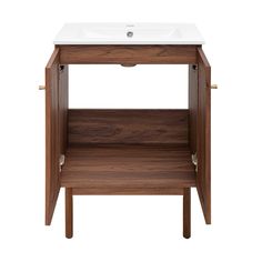 a bathroom vanity with a white sink and wooden legs on an isolated white wall background