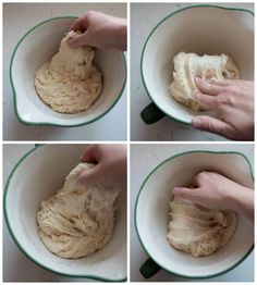 four pictures showing how to make dough in a bowl