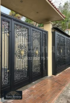 an iron gate with decorative designs on it