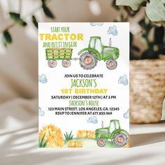 a tractor birthday party card sitting on top of a table