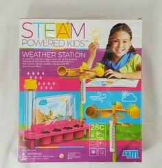 the box is open to show it's contents and instructions for how to make a steam powered kids weather station