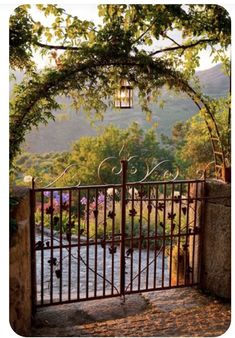 an iron gate is open to reveal a garden with flowers and trees in the background