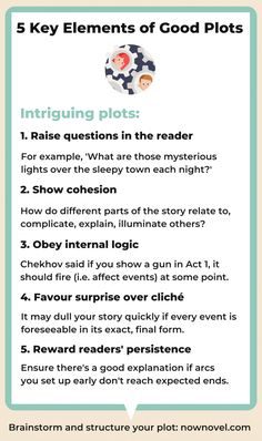 the five key elements of good plot plots are shown in this graphic above it is an info sheet about how to use them